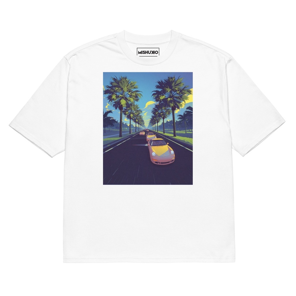 White Graphic T-Shirt with Car and Palm Trees